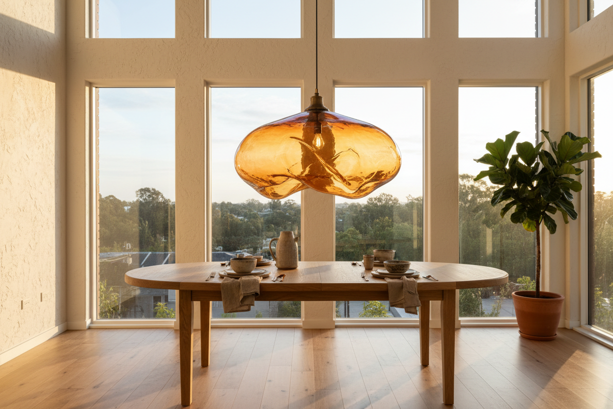 Statement lass pendant light over table in apartment