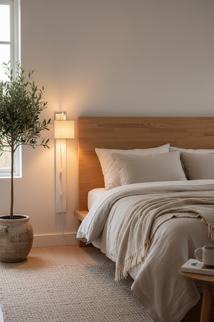 Plug in wall sconce on a white wall bedside