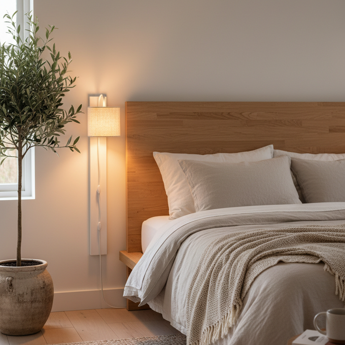Plug in wall sconce on a white wall bedside