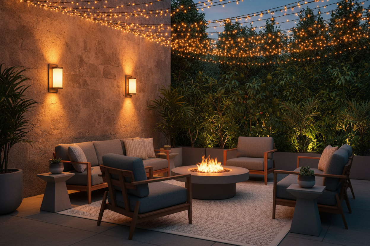 Beautifully lit outdoor patio with string lights and outdoor wall sconces