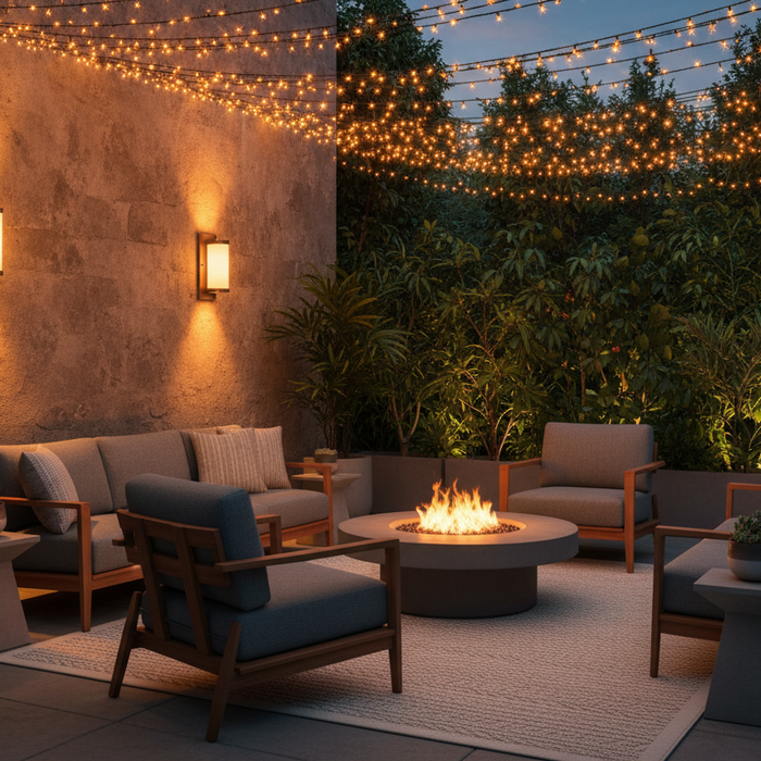 Beautifully lit outdoor patio with string lights and outdoor wall sconces