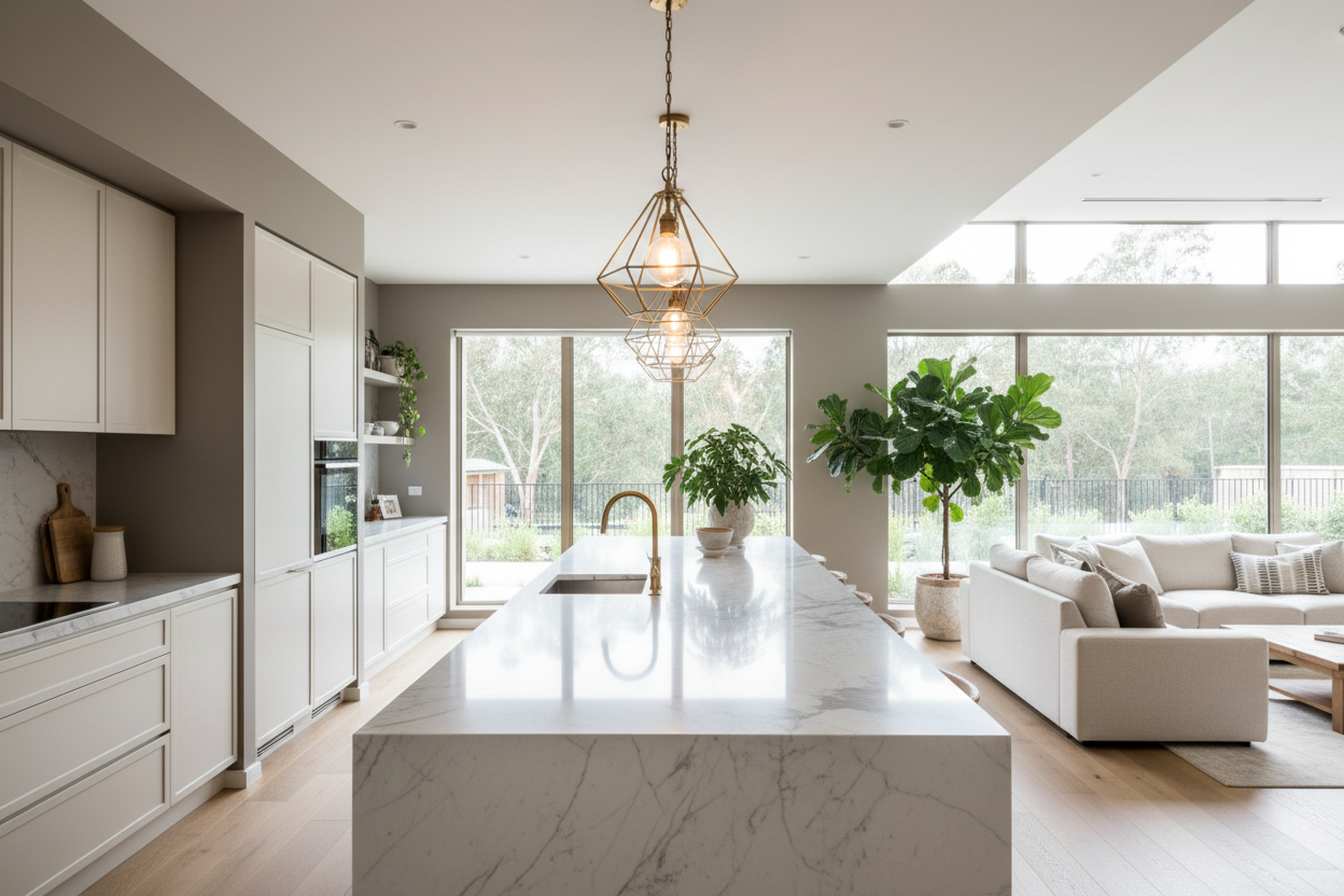 wide angle shot of pendant lights hanging over kitchen island