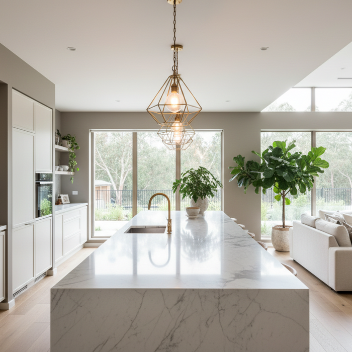 wide angle shot of pendant lights hanging over kitchen island