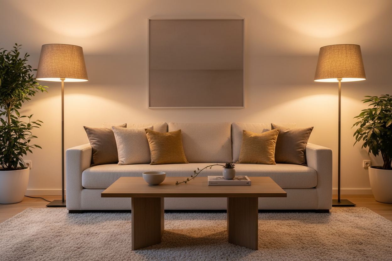 two large floor lamps illuminating living room