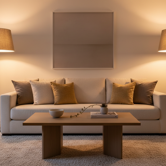 two large floor lamps illuminating living room