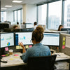 woman at desk in front of computer providing customer service