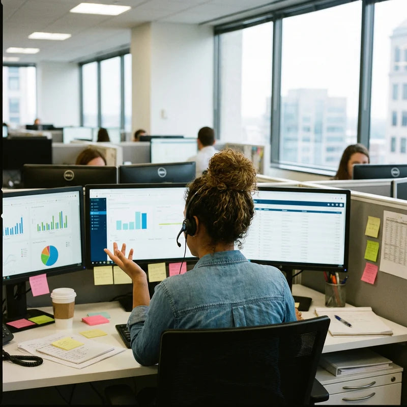 woman at desk in front of computer providing customer service