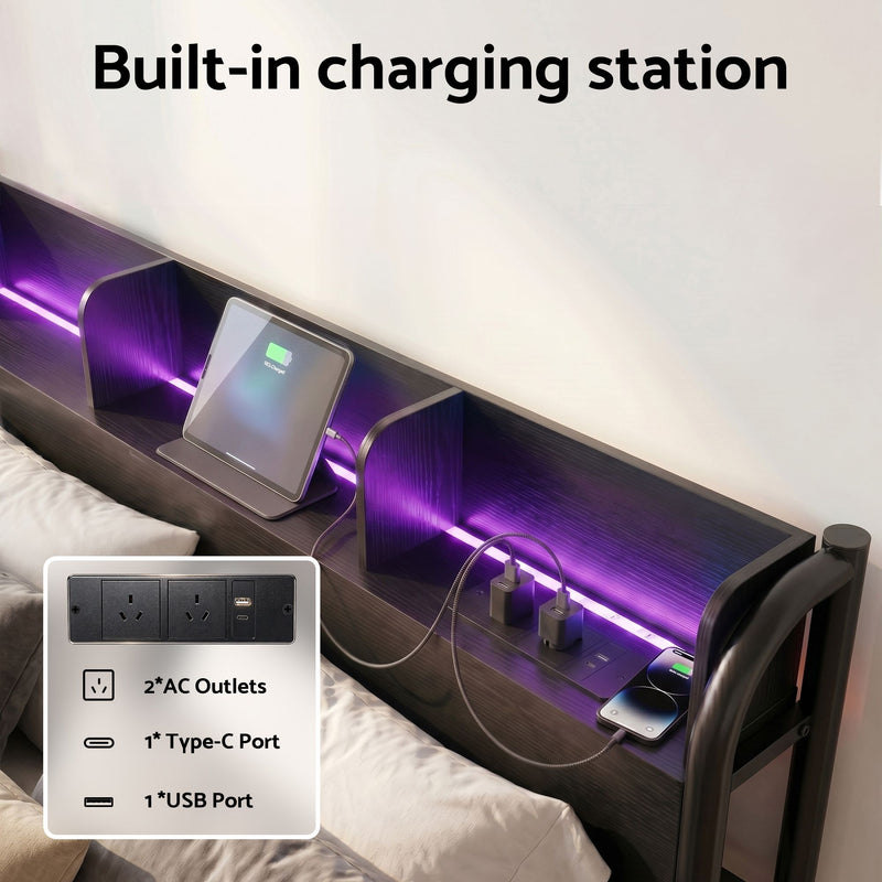 Artiss Bed Frame Double Size with Storage Shelf Headboard Charging Station GRID - Lucendi Home
