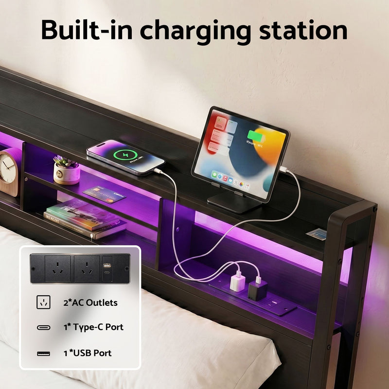 Artiss Bed Frame King with Charging Station Storage Organizer Drawers LED ZAC - Lucendi Home
