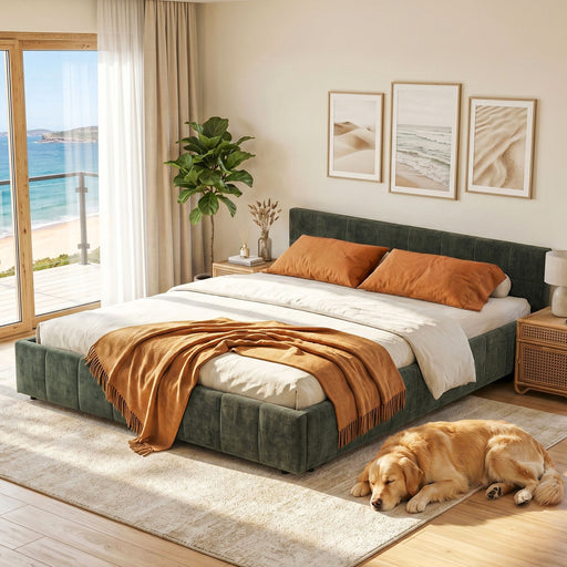Artiss Double Bed Frame Chenille Heavy Duty Platform Base Green 300kg Support No Box Spring Needed - Lucendi Home
