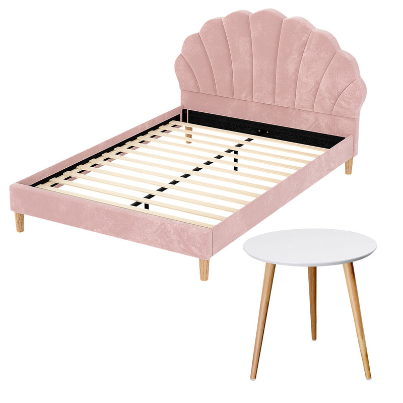 Artiss Double Bed Frame and Round Coffee Table Set Pink Velvet Bedhead with Wooden Side Table - Lucendi Home