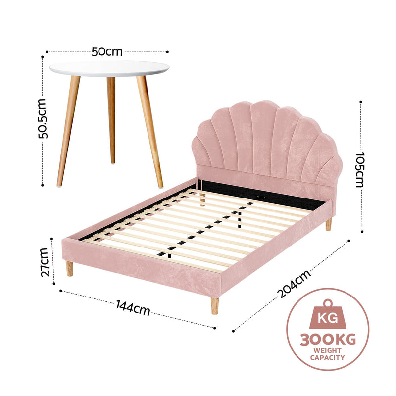 Artiss Double Bed Frame and Round Coffee Table Set Pink Velvet Bedhead with Wooden Side Table - Lucendi Home