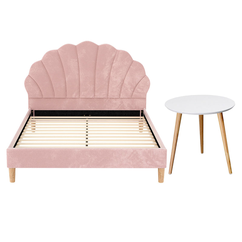 Artiss Double Bed Frame and Round Coffee Table Set Pink Velvet Bedhead with Wooden Side Table - Lucendi Home
