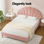 Artiss Double Bed Frame and Round Coffee Table Set Pink Velvet Bedhead with Wooden Side Table - Lucendi Home