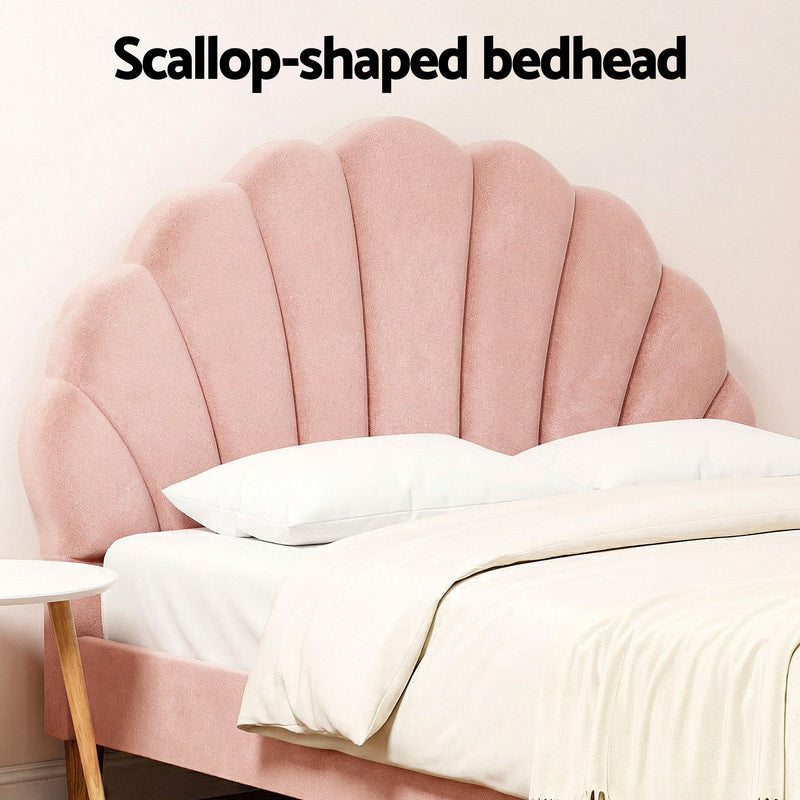 Artiss Double Bed Frame and Round Coffee Table Set Pink Velvet Bedhead with Wooden Side Table - Lucendi Home