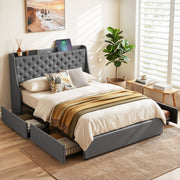 Artiss Double Bed Frame with 4 Storage Drawers and Charging Station Tufted Wingback Headboard 300kg Loads Charcoal Grey - Lucendi Home