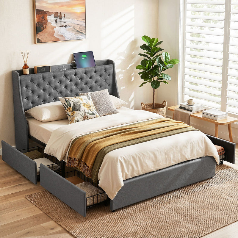 Artiss Double Bed Frame with 4 Storage Drawers and Charging Station Tufted Wingback Headboard 300kg Loads Charcoal Grey - Lucendi Home