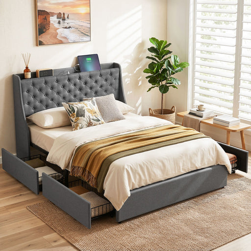 Artiss Double Bed Frame with 4 Storage Drawers and Charging Station Tufted Wingback Headboard 300kg Loads Charcoal Grey - Lucendi Home