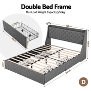 Artiss Double Bed Frame with 4 Storage Drawers and Charging Station Tufted Wingback Headboard 300kg Loads Charcoal Grey - Lucendi Home