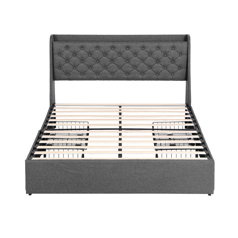 Artiss Double Bed Frame with 4 Storage Drawers and Charging Station Tufted Wingback Headboard 300kg Loads Charcoal Grey - Lucendi Home