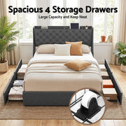 Artiss Double Bed Frame with 4 Storage Drawers and Charging Station Tufted Wingback Headboard 300kg Loads Charcoal Grey - Lucendi Home