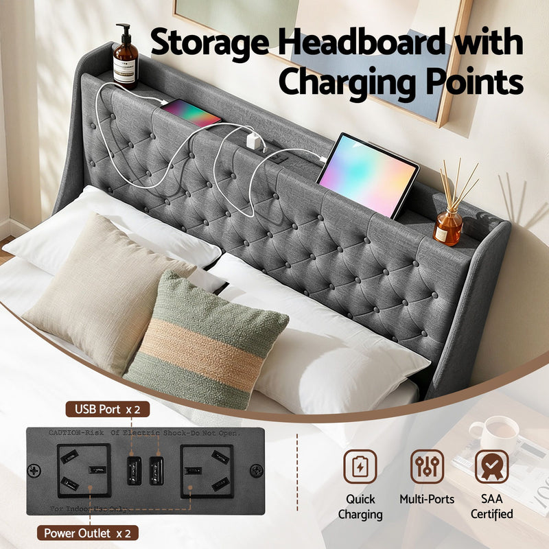 Artiss Double Bed Frame with 4 Storage Drawers and Charging Station Tufted Wingback Headboard 300kg Loads Charcoal Grey - Lucendi Home