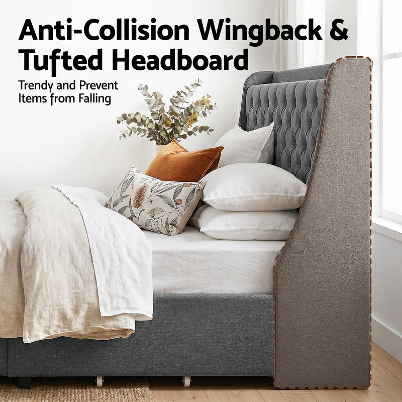 Artiss Double Bed Frame with 4 Storage Drawers and Charging Station Tufted Wingback Headboard 300kg Loads Charcoal Grey - Lucendi Home