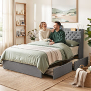 Artiss Double Bed Frame with 4 Storage Drawers and Charging Station Tufted Wingback Headboard 300kg Loads Charcoal Grey - Lucendi Home