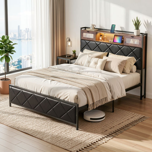 Artiss Double Bed Frame with LED Lights Storage Headboard 2 USB 2 AC Outlets Charging Station - Lucendi Home