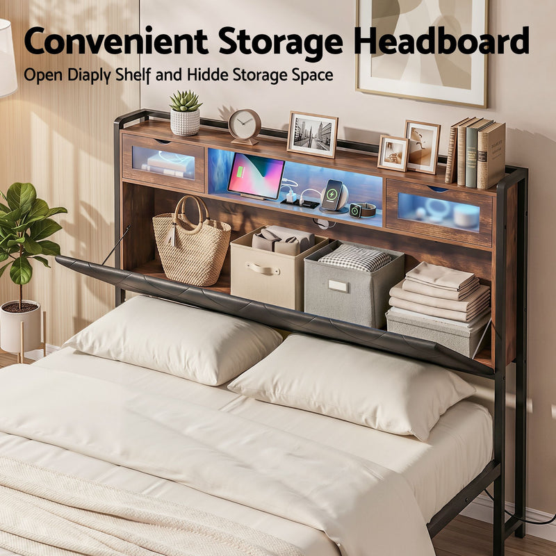 Artiss Double Bed Frame with LED Lights Storage Headboard 2 USB 2 AC Outlets Charging Station - Lucendi Home