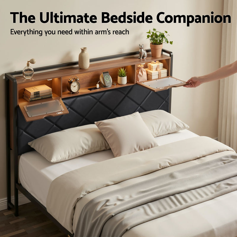 Artiss Double Bed Frame with LED Lights Storage Headboard 2 USB 2 AC Outlets Charging Station - Lucendi Home
