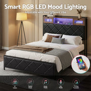 Artiss Double Bed Frame with LED Lights Storage Headboard 2 USB 2 AC Outlets Charging Station - Lucendi Home