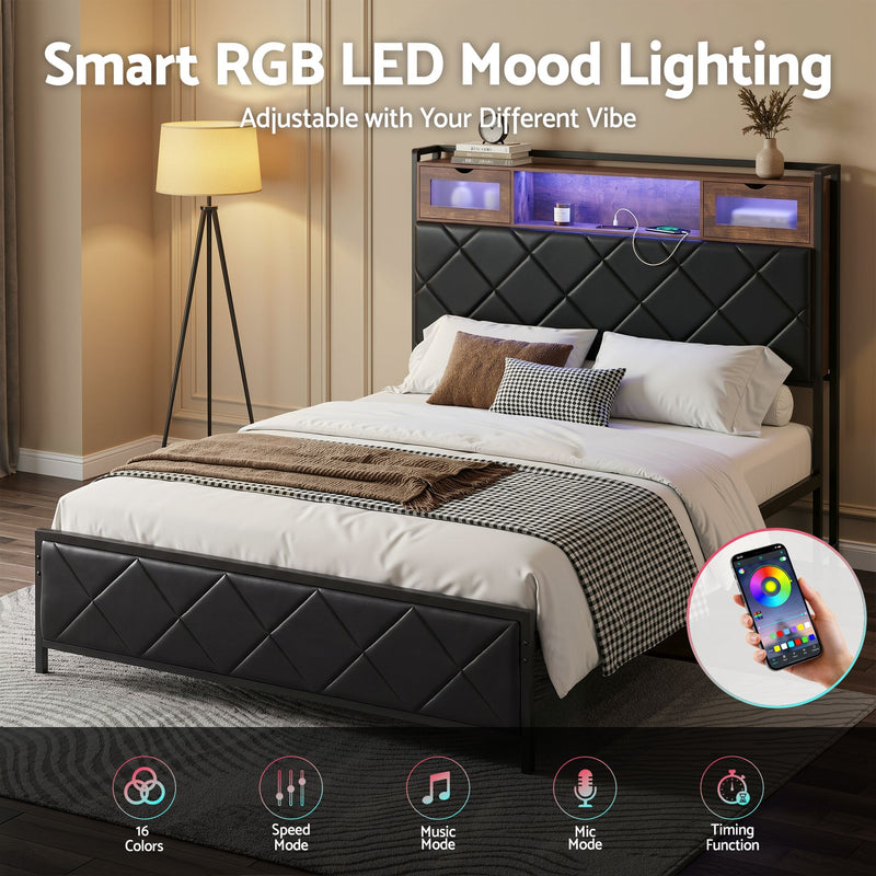 Artiss Double Bed Frame with LED Lights Storage Headboard 2 USB 2 AC Outlets Charging Station - Lucendi Home