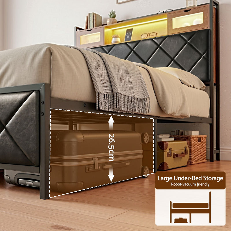 Artiss Double Bed Frame with LED Lights Storage Headboard 2 USB 2 AC Outlets Charging Station - Lucendi Home