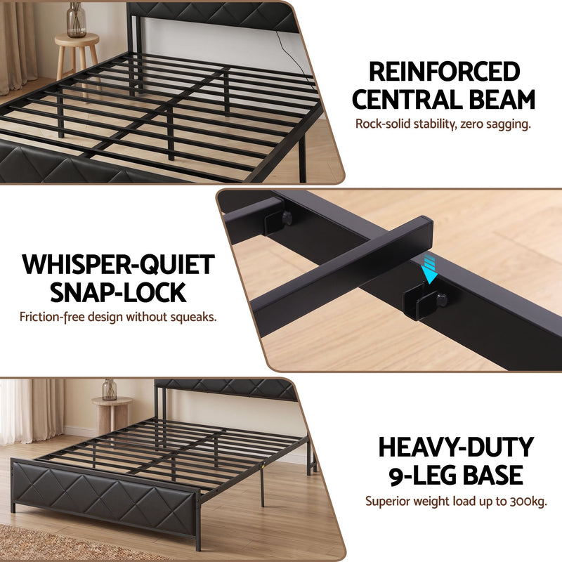 Artiss Double Bed Frame with LED Lights Storage Headboard 2 USB 2 AC Outlets Charging Station - Lucendi Home