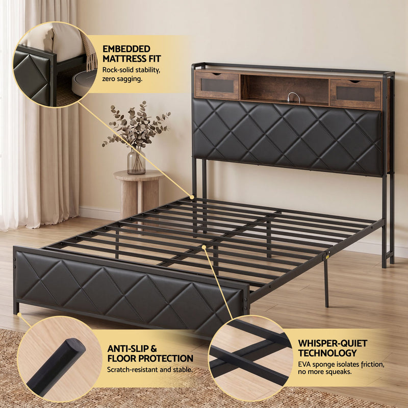 Artiss Double Bed Frame with LED Lights Storage Headboard 2 USB 2 AC Outlets Charging Station - Lucendi Home