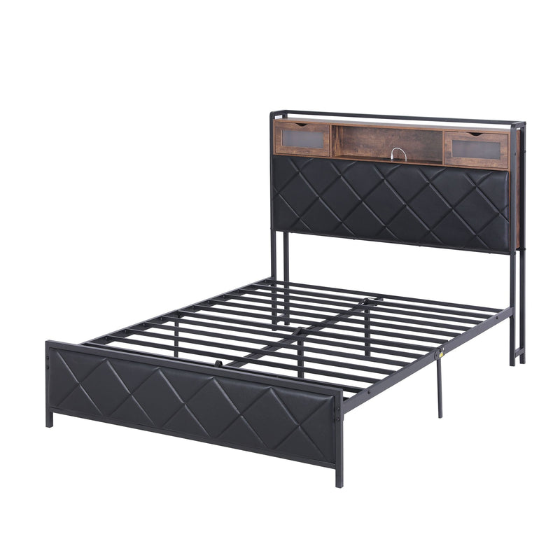 Artiss Double Bed Frame with LED Lights Storage Headboard 2 USB 2 AC Outlets Charging Station - Lucendi Home