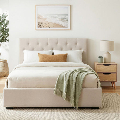 Artiss Double Bed Frame with Storage and Bedside Table Set Tufted Linen Gas Lift Bed Base and 2-Drawer Nightstand - Lucendi Home