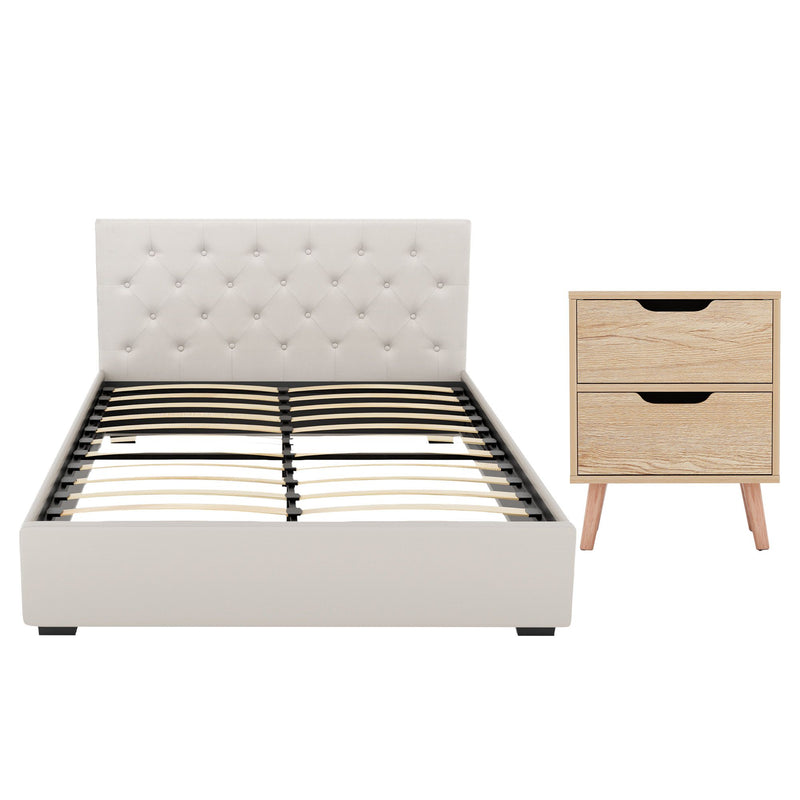 Artiss Double Bed Frame with Storage and Bedside Table Set Tufted Linen Gas Lift Bed Base and 2-Drawer Nightstand - Lucendi Home