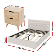 Artiss Double Bed Frame with Storage and Bedside Table Set Tufted Linen Gas Lift Bed Base and 2-Drawer Nightstand - Lucendi Home