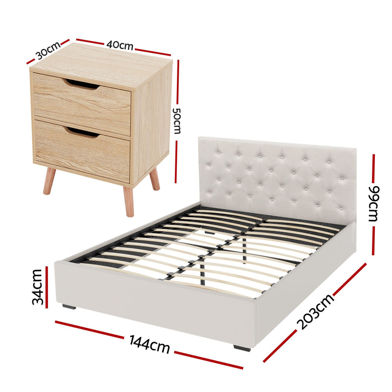 Artiss Double Bed Frame with Storage and Bedside Table Set Tufted Linen Gas Lift Bed Base and 2-Drawer Nightstand - Lucendi Home