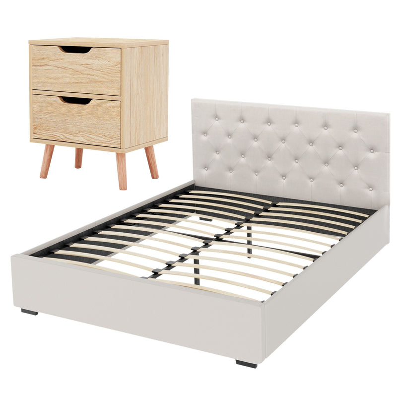 Artiss Double Bed Frame with Storage and Bedside Table Set Tufted Linen Gas Lift Bed Base and 2-Drawer Nightstand - Lucendi Home