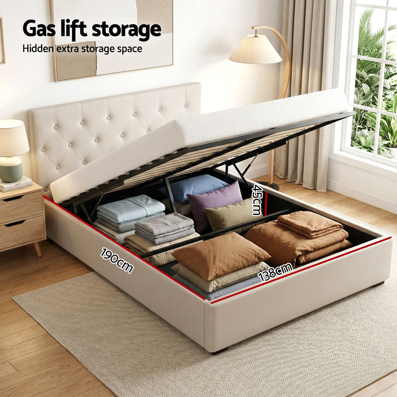 Artiss Double Bed Frame with Storage and Bedside Table Set Tufted Linen Gas Lift Bed Base and 2-Drawer Nightstand - Lucendi Home