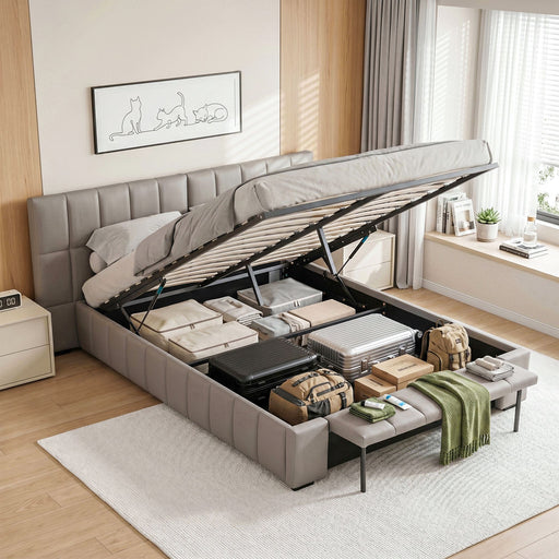 Artiss Double Size Upholstered Gas Lift Bed Frame with Foldable Bench PVC Leather Platform Bed with Storage - Lucendi Home