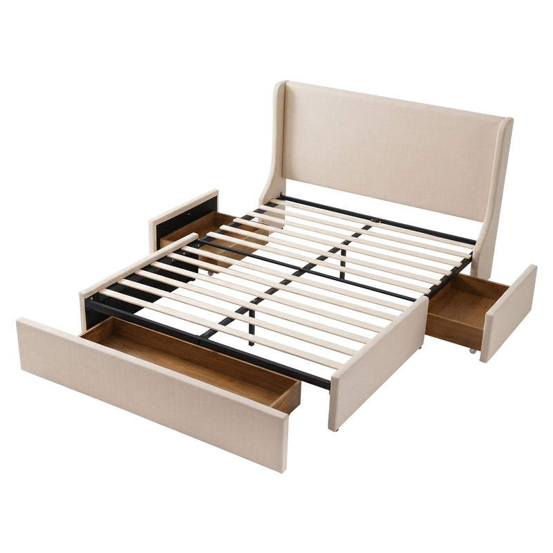 Artiss Double Upholstered Bed Frame with 3 Storage Drawers Wingback Headboard Heavy Duty Metal Platform Base - Lucendi Home