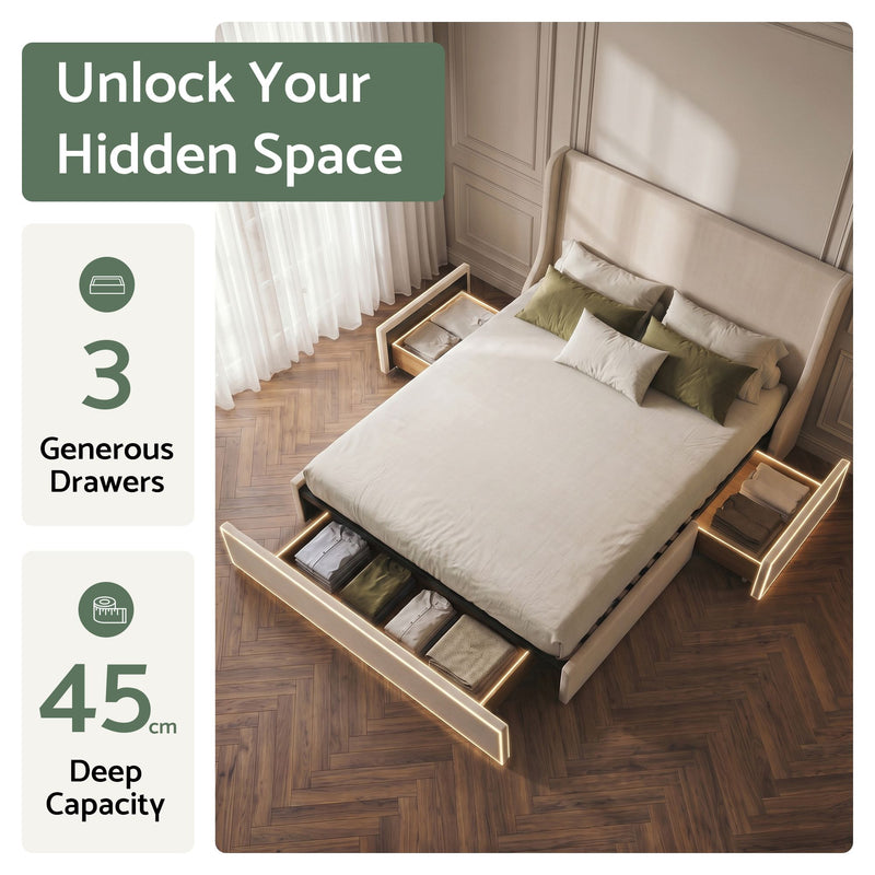Artiss Double Upholstered Bed Frame with 3 Storage Drawers Wingback Headboard Heavy Duty Metal Platform Base - Lucendi Home