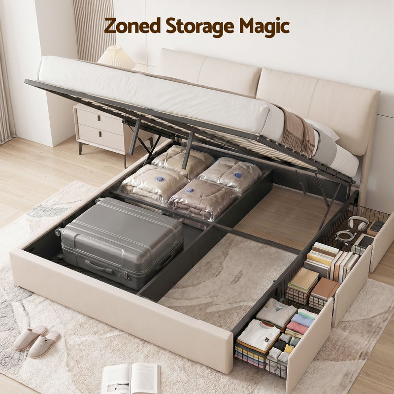Artiss King Bed Frame Gas Lift Storage 3 Drawers Adjustable Headboard Platform Base - Lucendi Home