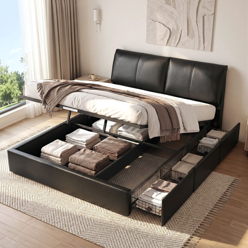 Artiss King Bed Frame Gas Lift Storage 3 Drawers Adjustable Headboard Platform Bed Black - Lucendi Home