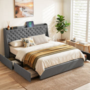 Artiss King Bed Frame with 4 Storage Drawers and Charging Station Tufted Wingback Headboard 300kg Loads Charcoal Grey - Lucendi Home