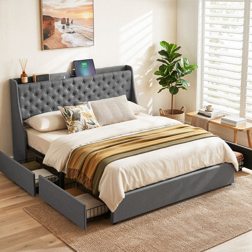 Artiss King Bed Frame with 4 Storage Drawers and Charging Station Tufted Wingback Headboard 300kg Loads Charcoal Grey - Lucendi Home